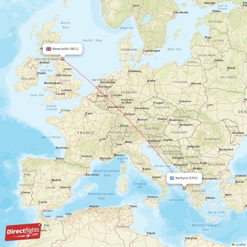 Newcastle - Kerkyra direct flight map