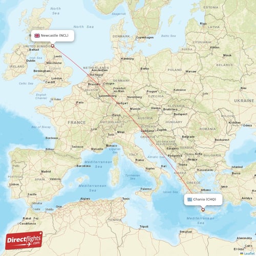 Newcastle - Chania direct flight map