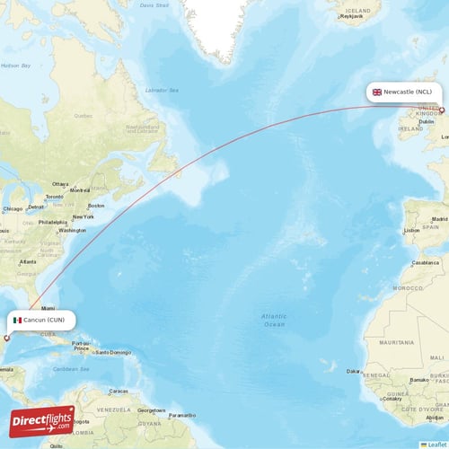 Newcastle - Cancun direct flight map