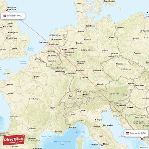 Newcastle - Dubrovnik direct flight map
