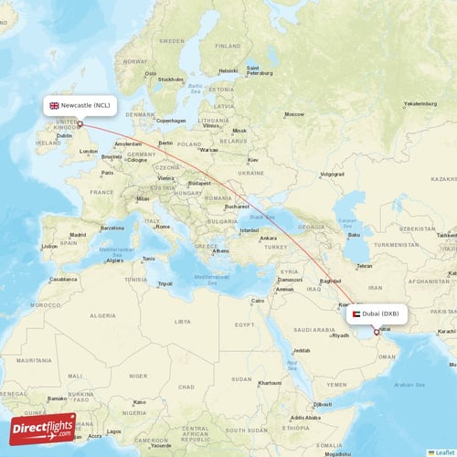 Newcastle - Dubai direct flight map