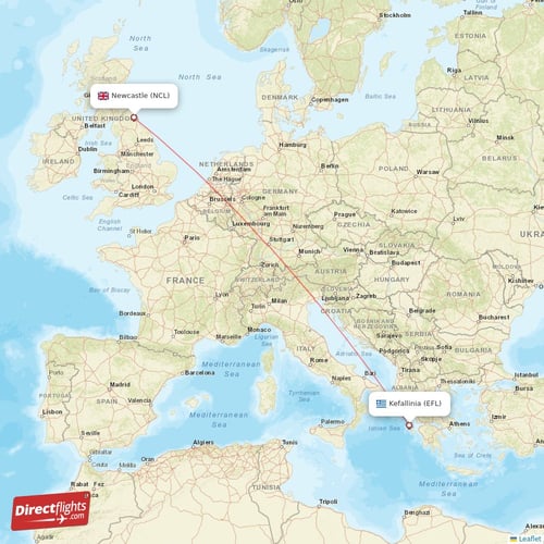 Newcastle - Kefallinia direct flight map