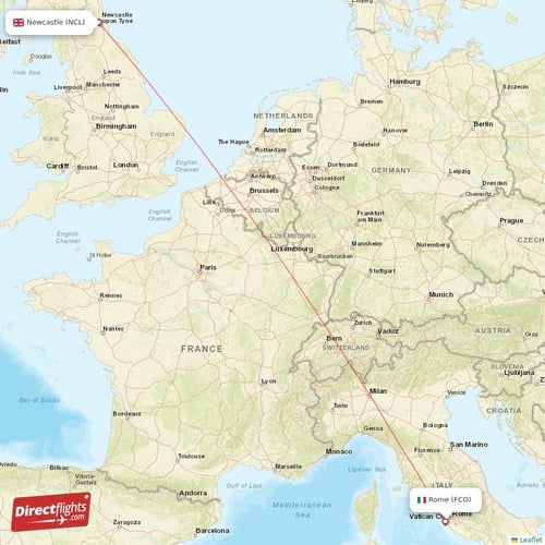 Newcastle - Rome direct flight map