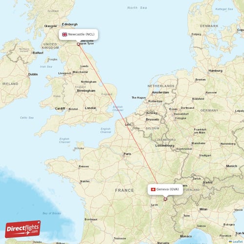 Newcastle - Geneva direct flight map