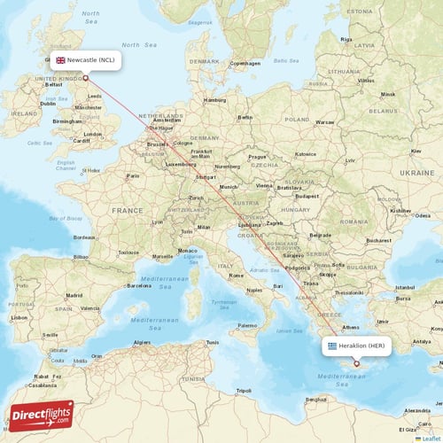 Newcastle - Heraklion direct flight map