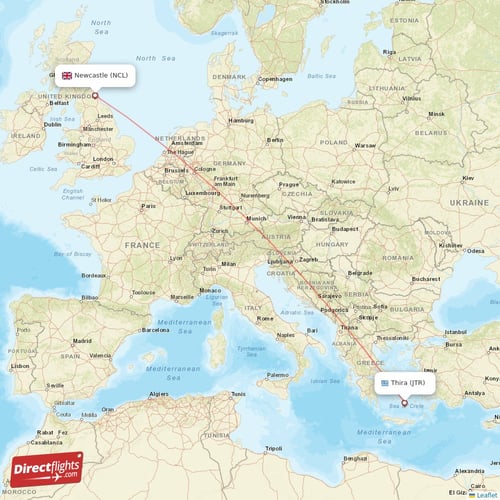 Newcastle - Thira direct flight map