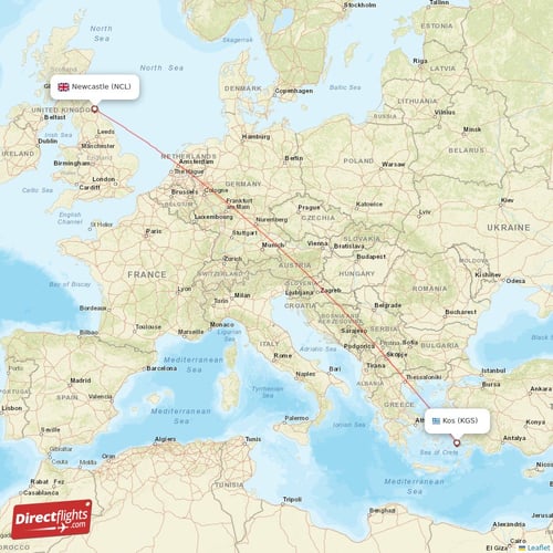 Newcastle - Kos direct flight map