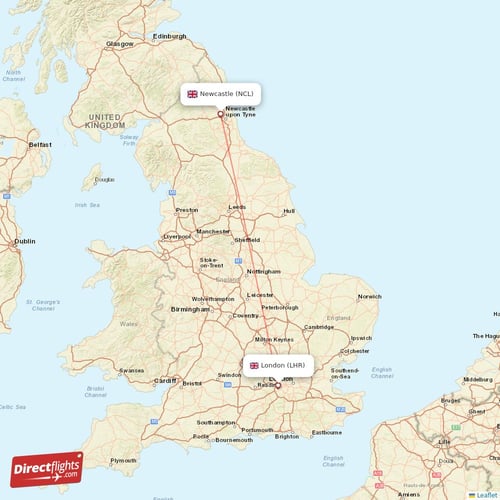Newcastle - London direct flight map