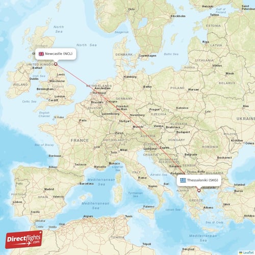 Newcastle - Thessaloniki direct flight map