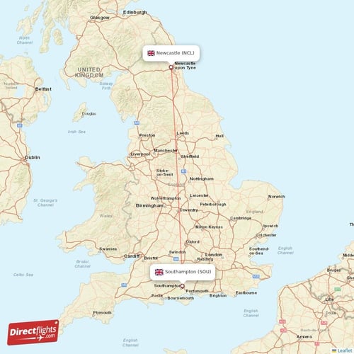 Newcastle - Southampton direct flight map