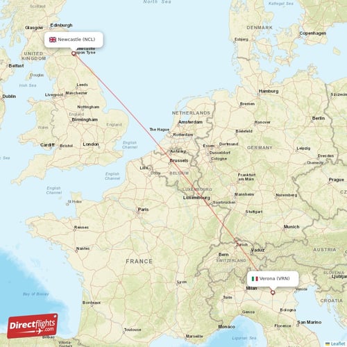 Newcastle - Verona direct flight map