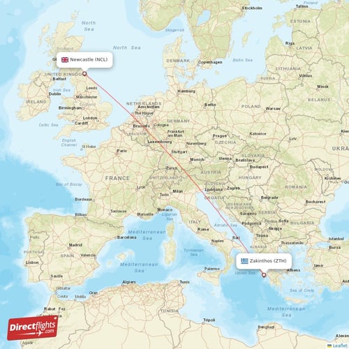 Newcastle - Zakinthos direct flight map