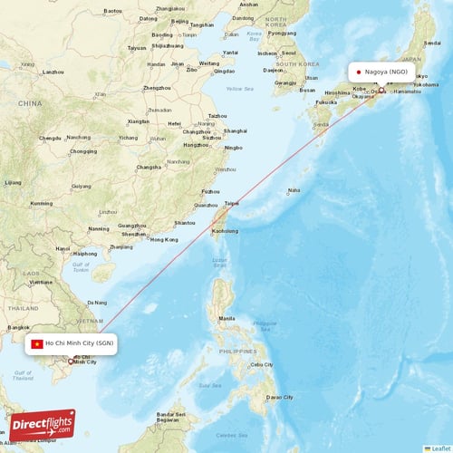 Nagoya - Ho Chi Minh City direct flight map