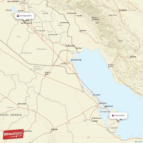 Al-Najaf - Doha direct flight map