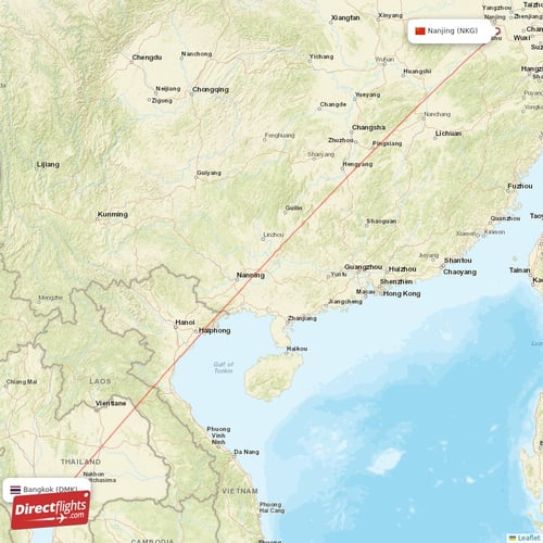 Nanjing - Bangkok direct flight map
