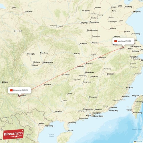 Nanjing - Kunming direct flight map