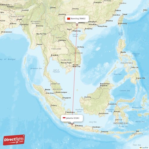 Nanning - Jakarta direct flight map