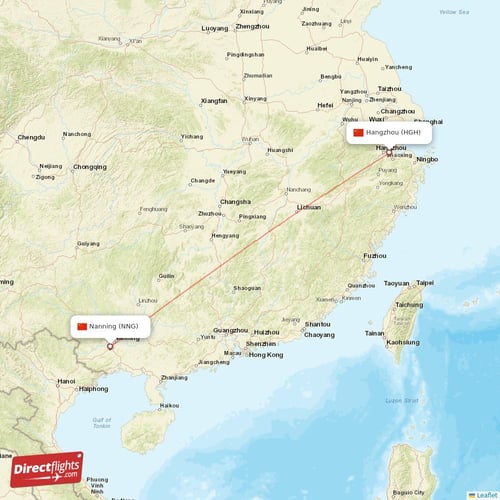 Nanning - Hangzhou direct flight map