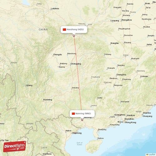 Nanning - Hanzhong direct flight map