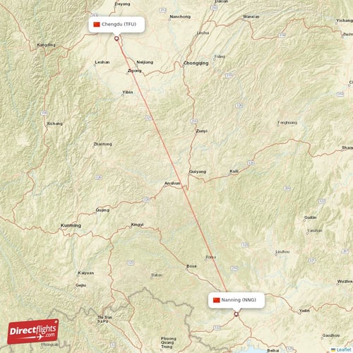 Nanning - Chengdu direct flight map