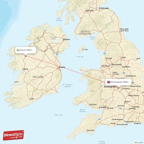 Knock - Birmingham direct flight map