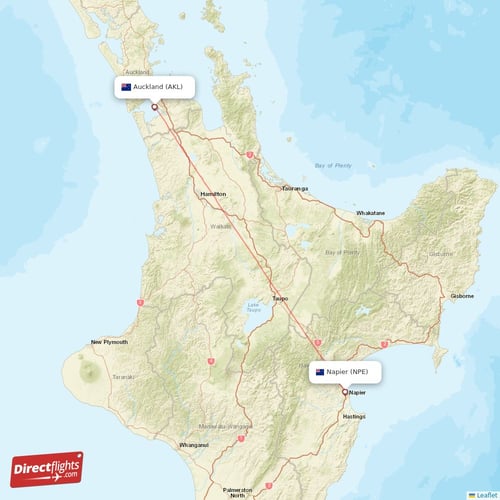Napier - Auckland direct flight map