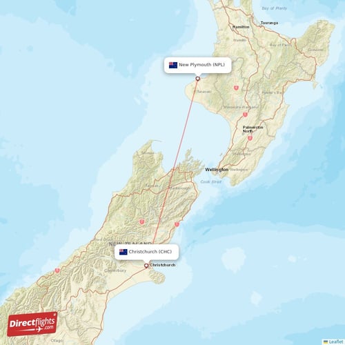 New Plymouth - Christchurch direct flight map