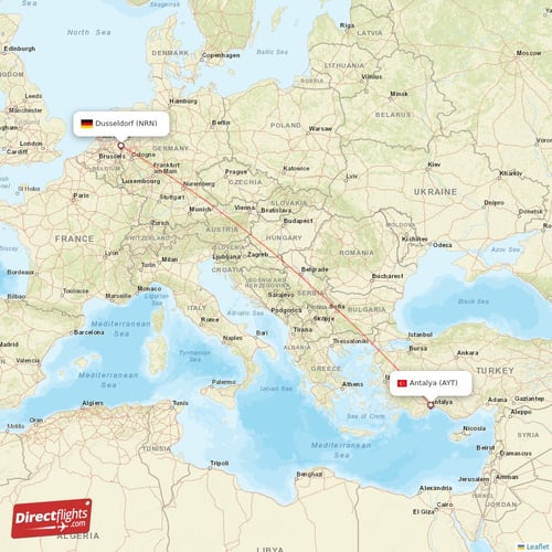 Dusseldorf - Antalya direct flight map