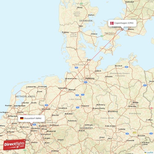 Dusseldorf - Copenhagen direct flight map