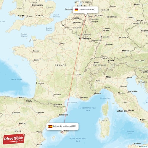 Dusseldorf - Palma de Mallorca direct flight map