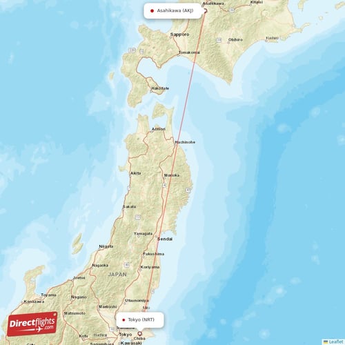 Tokyo - Asahikawa direct flight map