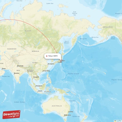 Tokyo - Amsterdam direct flight map