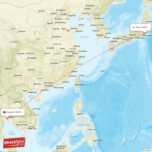 Tokyo - Bangkok direct flight map