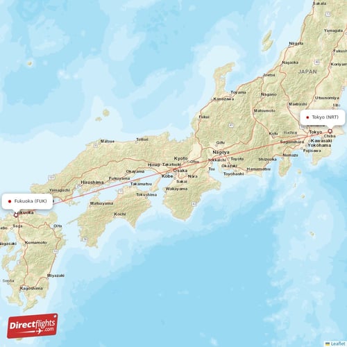 Tokyo - Fukuoka direct flight map