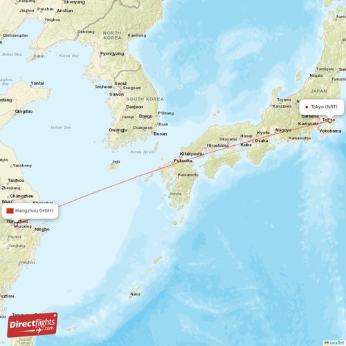 Tokyo - Hangzhou direct flight map