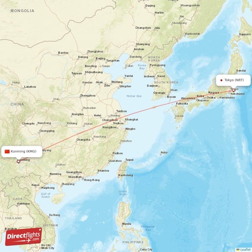 Tokyo - Kunming direct flight map