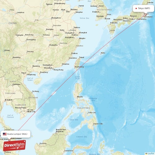 Tokyo - Kuala Lumpur direct flight map