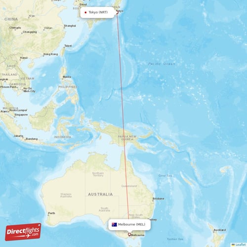 Tokyo - Melbourne direct flight map