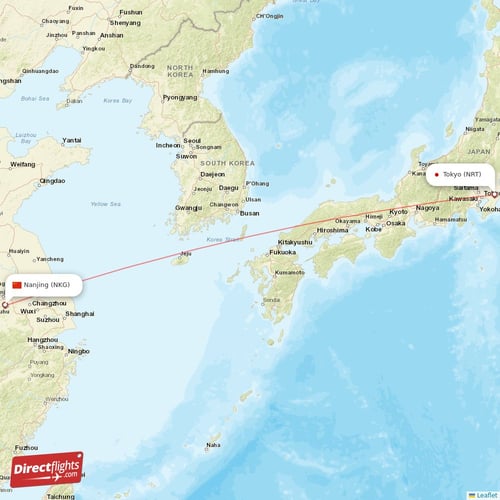 Tokyo - Nanjing direct flight map