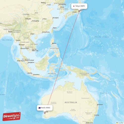 Tokyo - Perth direct flight map