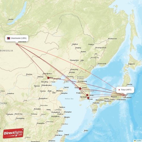 Tokyo - Ulaanbaatar direct flight map