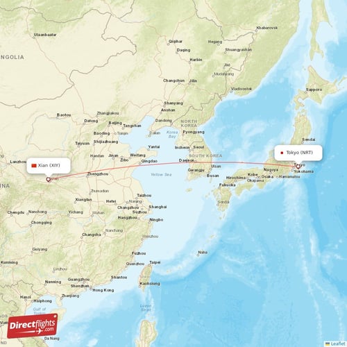 Tokyo - Xian direct flight map
