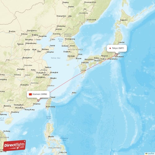 Tokyo - Xiamen direct flight map