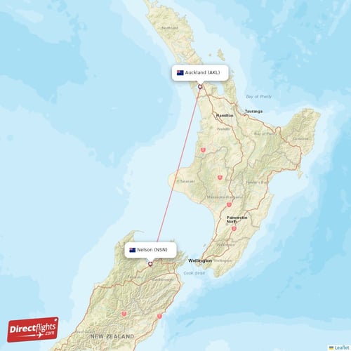 Nelson - Auckland direct flight map
