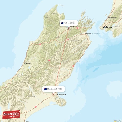 Nelson - Christchurch direct flight map