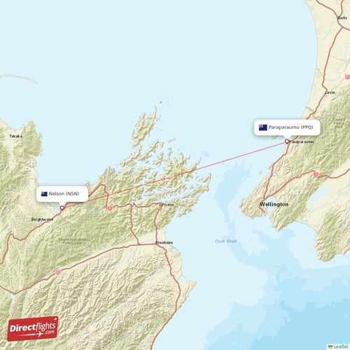 Nelson - Paraparaumu direct flight map