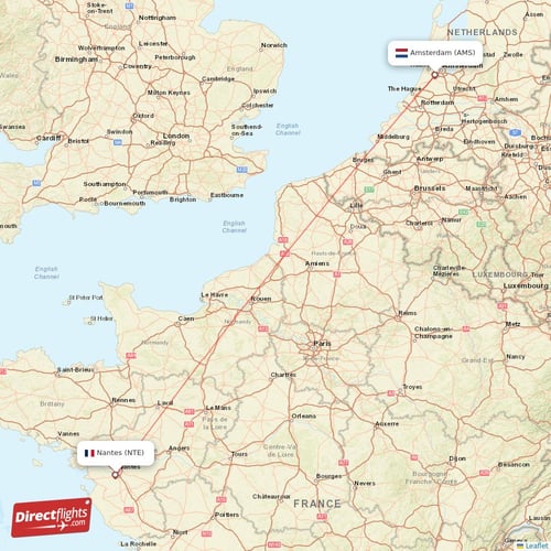 Nantes - Amsterdam direct flight map