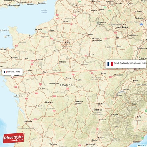 Nantes - Basel, Switzerland/Mulhouse direct flight map