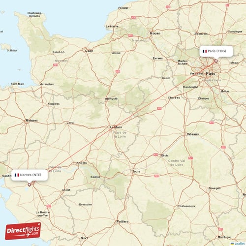 Nantes - Paris direct flight map