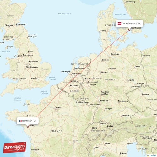 Nantes - Copenhagen direct flight map